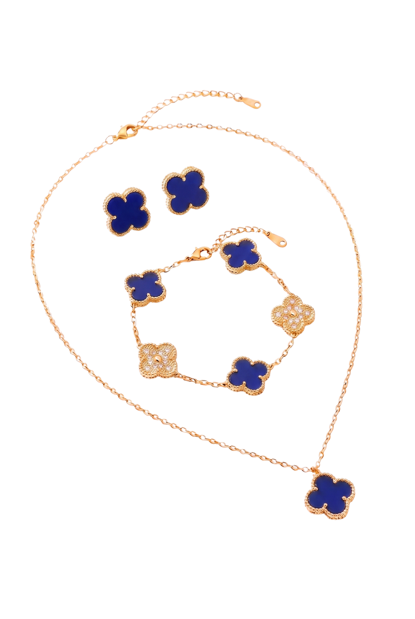 Navy Blue & Gold Rhinestone Clover Jewelry