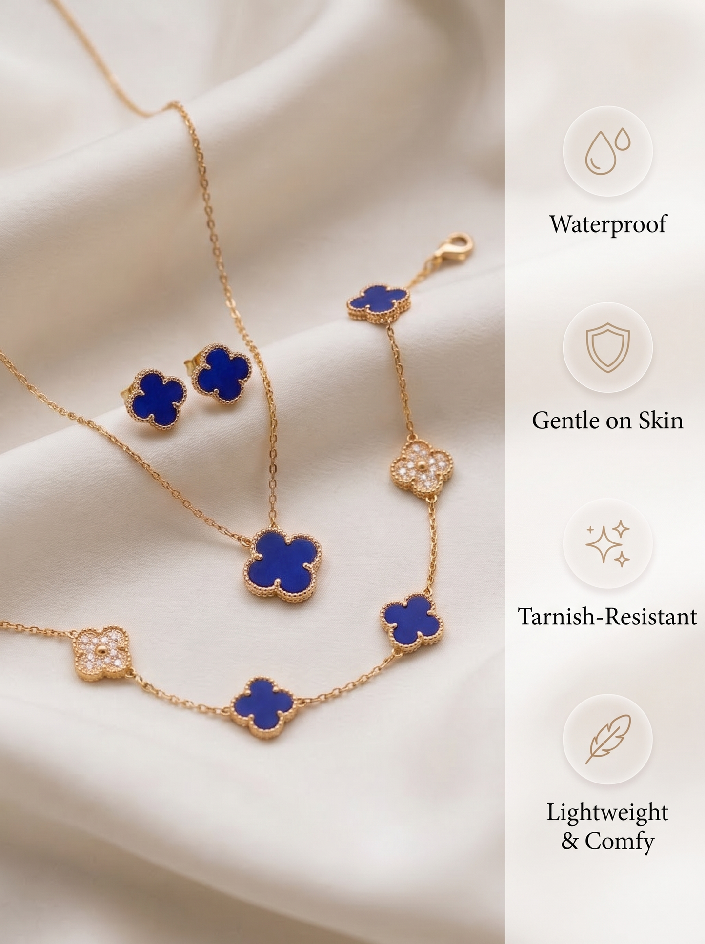 Navy Blue & Gold Rhinestone Clover Jewelry