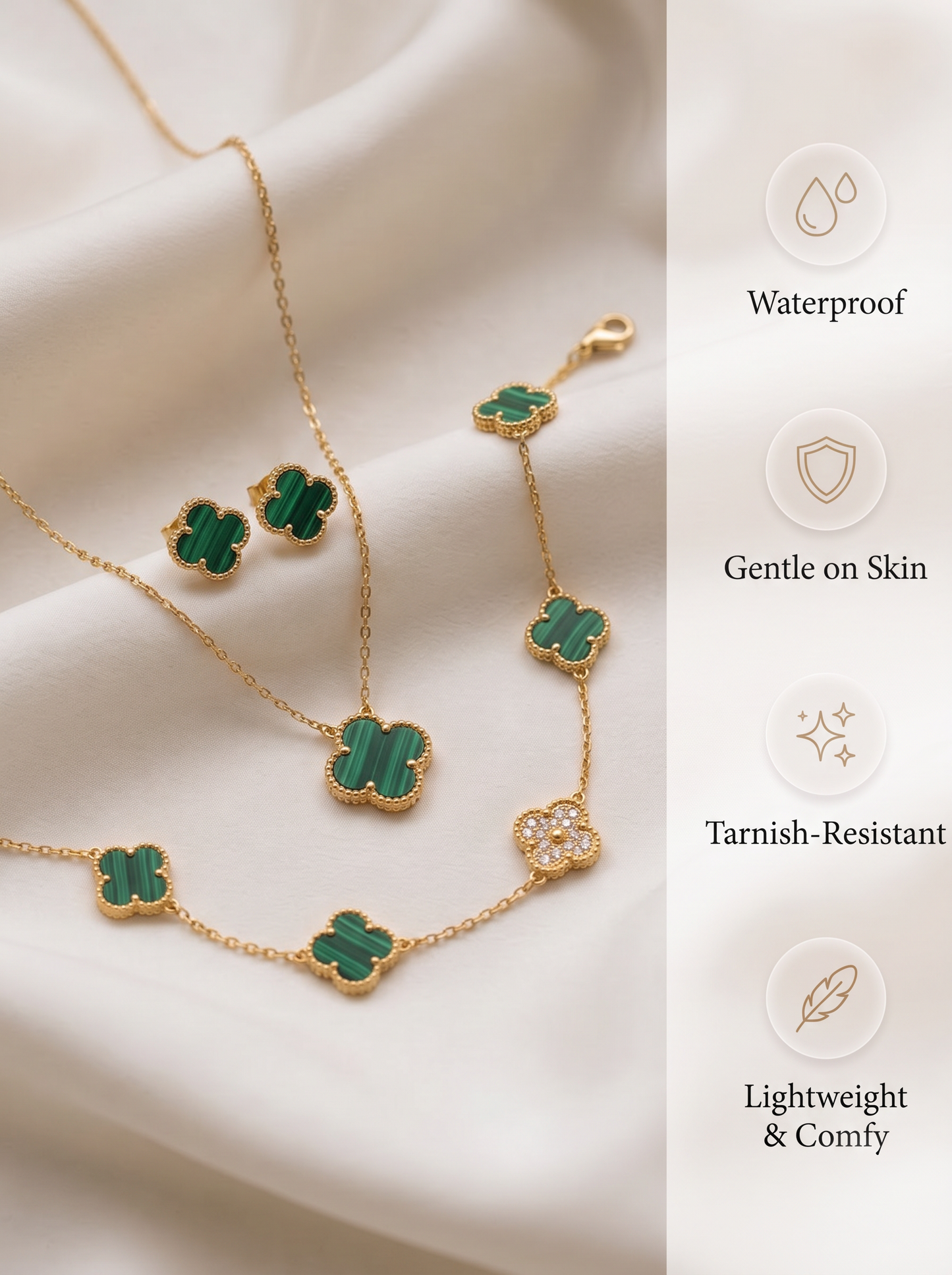 Emerald Green & Gold Clover Jewelry