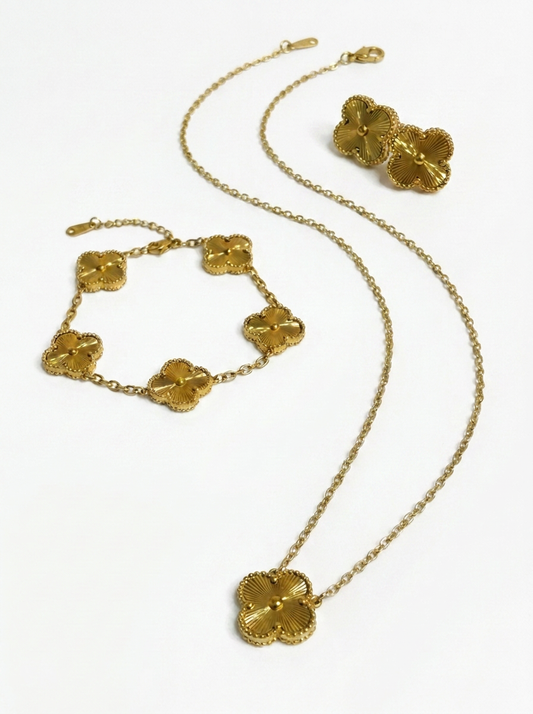 Gold Clover Set:  Necklace, Earrings, Bracelet