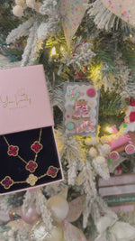 Load and play video in Gallery viewer, Red &amp; Gold Clover Stainless Steel Jewelry Set: Necklace, Earrings, Bracelet
