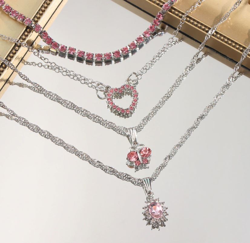 Pink Rhinestone Butterfly Necklace Set