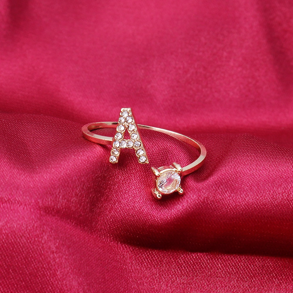 Rhinestones Letter Gold Plated Adjustable Ring