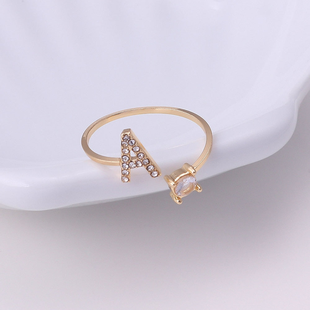 Rhinestones Letter Gold Plated Adjustable Ring