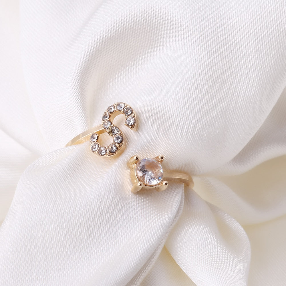 Rhinestones Letter Gold Plated Adjustable Ring