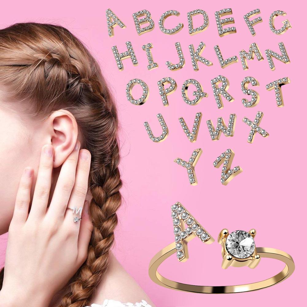 Rhinestones Letter Gold Plated Adjustable Ring