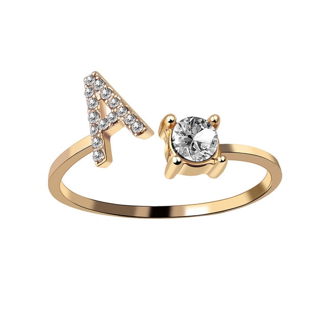 Rhinestones Letter Gold Plated Adjustable Ring