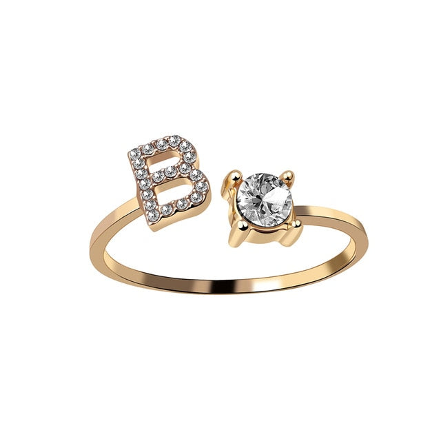 Rhinestones Letter Gold Plated Adjustable Ring