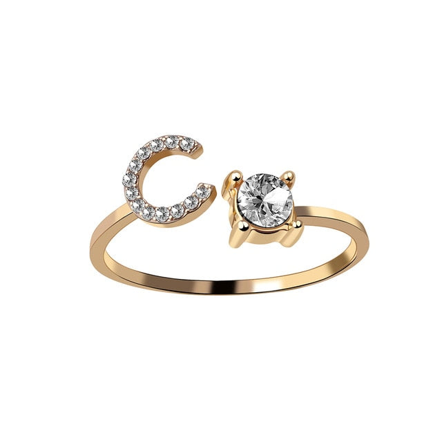 Rhinestones Letter Gold Plated Adjustable Ring