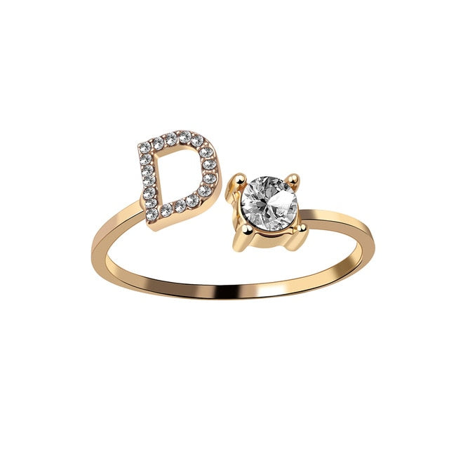 Rhinestones Letter Gold Plated Adjustable Ring