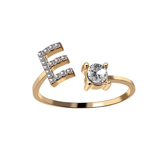 Rhinestones Letter Gold Plated Adjustable Ring