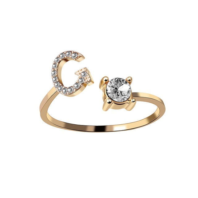Rhinestones Letter Gold Plated Adjustable Ring