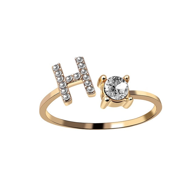 Rhinestones Letter Gold Plated Adjustable Ring