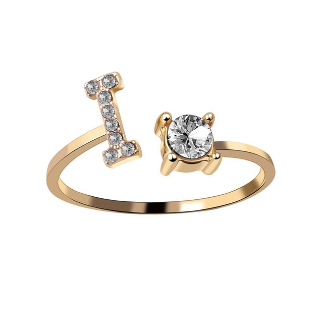 Rhinestones Letter Gold Plated Adjustable Ring