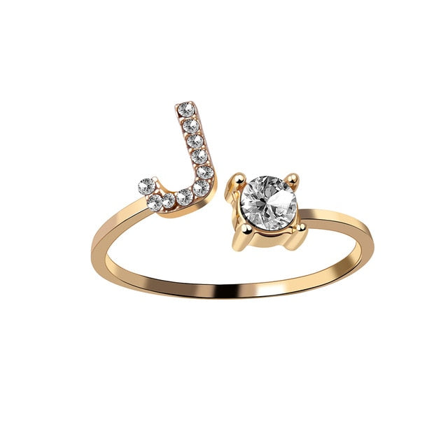 Rhinestones Letter Gold Plated Adjustable Ring