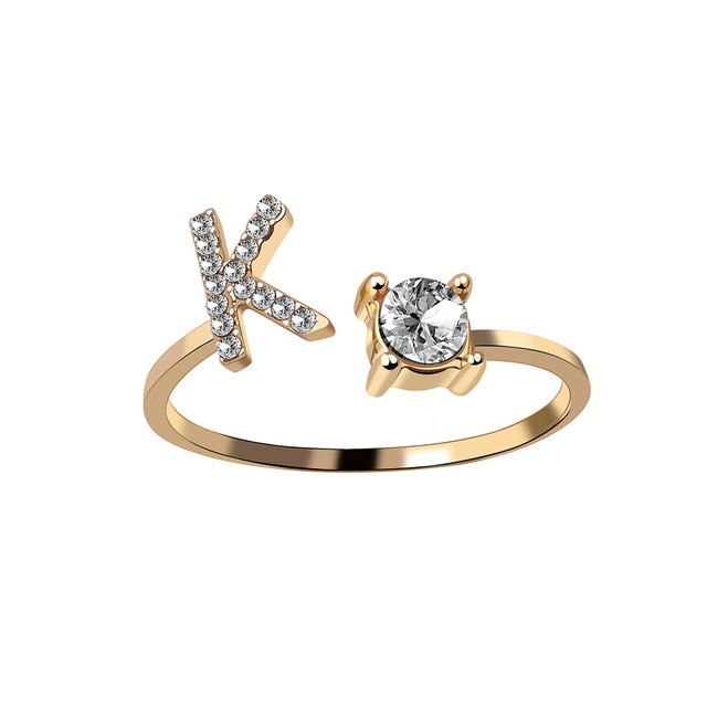 Rhinestones Letter Gold Plated Adjustable Ring