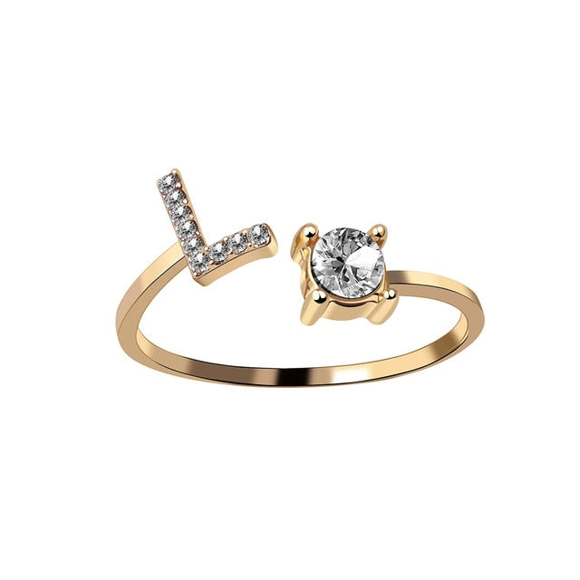 Rhinestones Letter Gold Plated Adjustable Ring