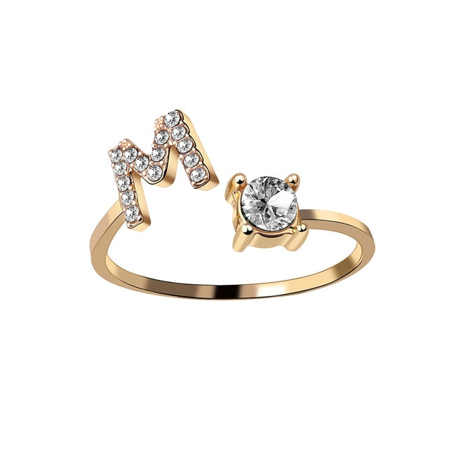 Rhinestones Letter Gold Plated Adjustable Ring
