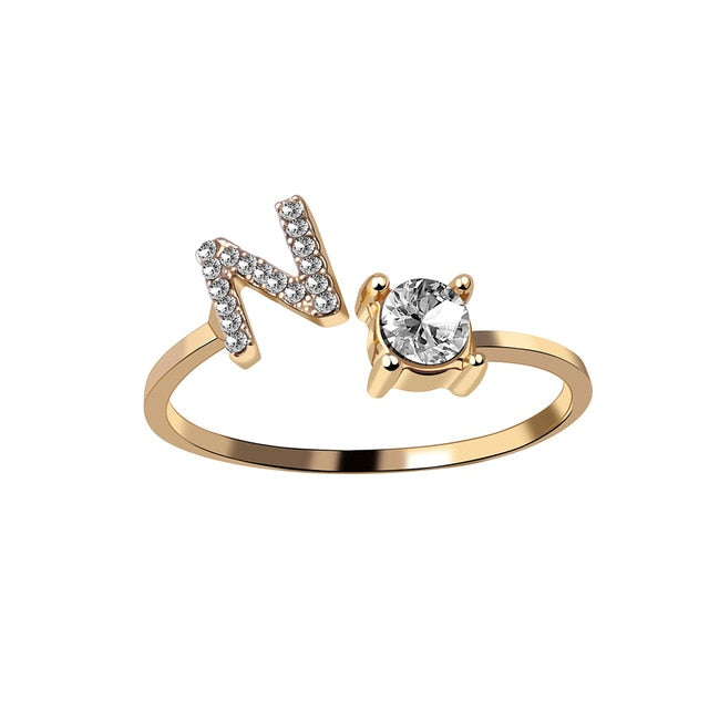 Rhinestones Letter Gold Plated Adjustable Ring