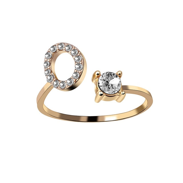 Rhinestones Letter Gold Plated Adjustable Ring