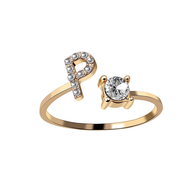Rhinestones Letter Gold Plated Adjustable Ring