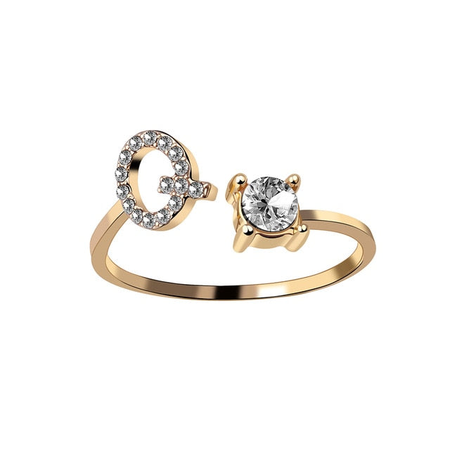 Rhinestones Letter Gold Plated Adjustable Ring