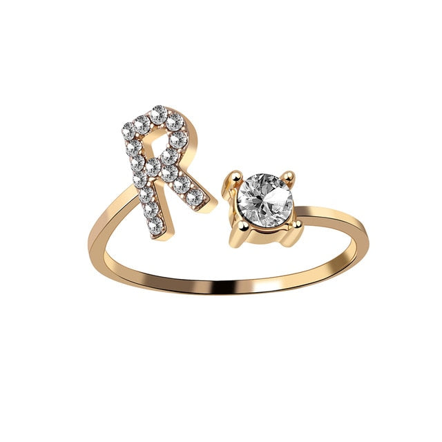 Rhinestones Letter Gold Plated Adjustable Ring