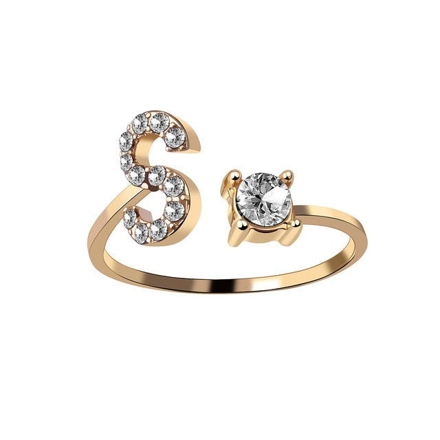 Rhinestones Letter Gold Plated Adjustable Ring
