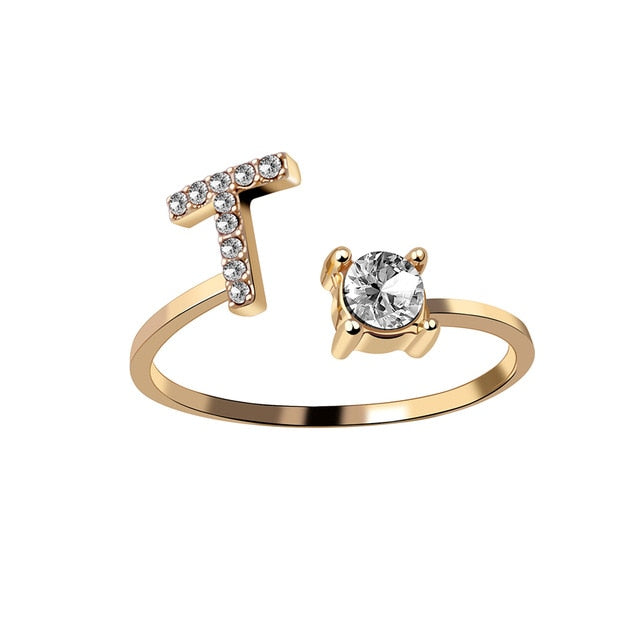 Rhinestones Letter Gold Plated Adjustable Ring
