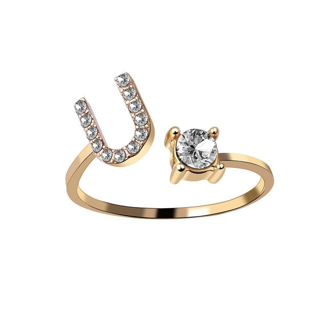 Rhinestones Letter Gold Plated Adjustable Ring