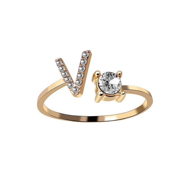 Rhinestones Letter Gold Plated Adjustable Ring