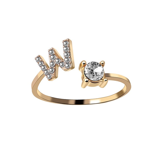 Rhinestones Letter Gold Plated Adjustable Ring