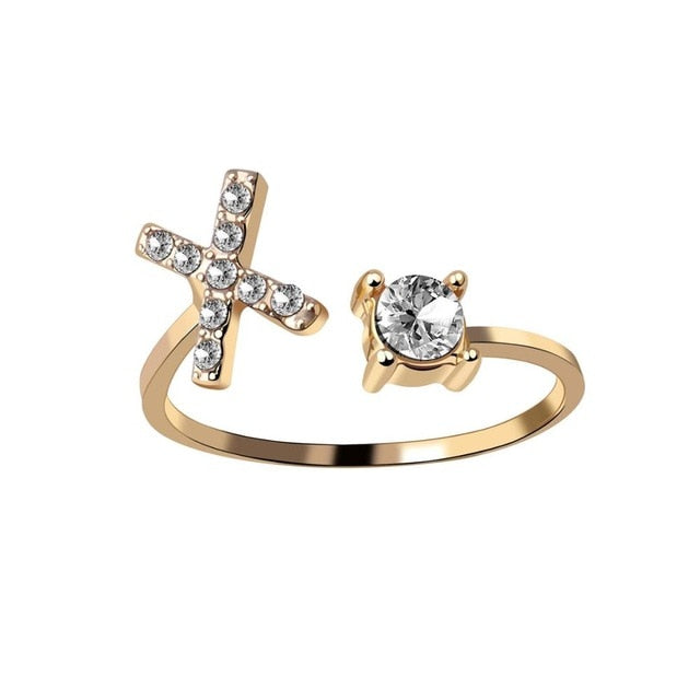 Rhinestones Letter Gold Plated Adjustable Ring