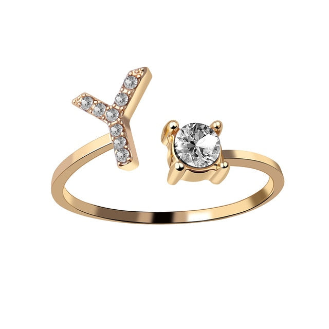 Rhinestones Letter Gold Plated Adjustable Ring
