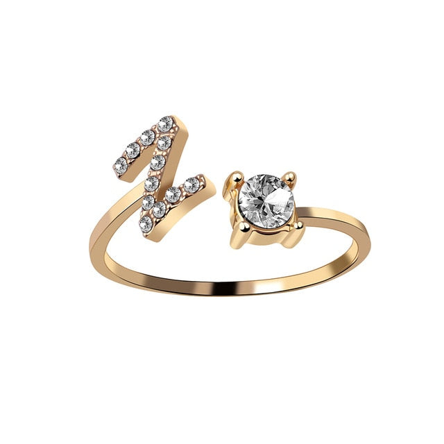 Rhinestones Letter Gold Plated Adjustable Ring