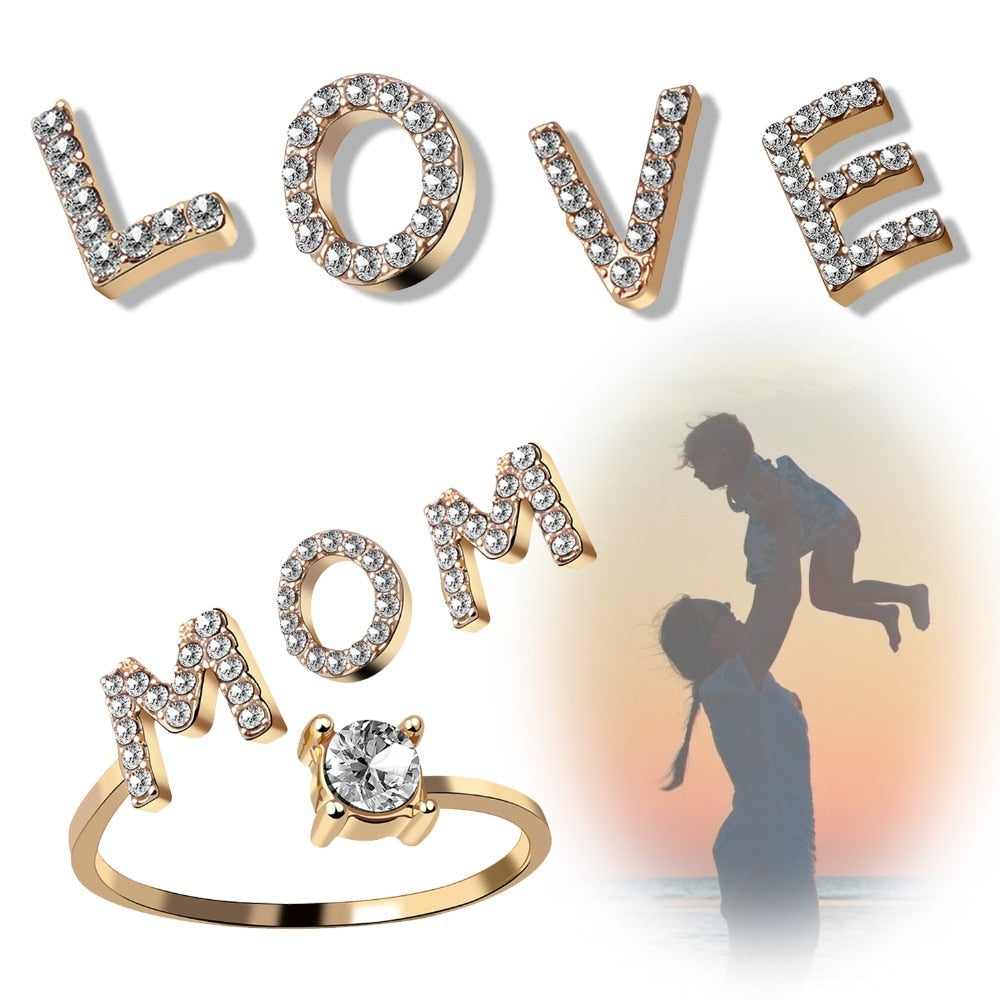Rhinestones Letter Gold Plated Adjustable Ring