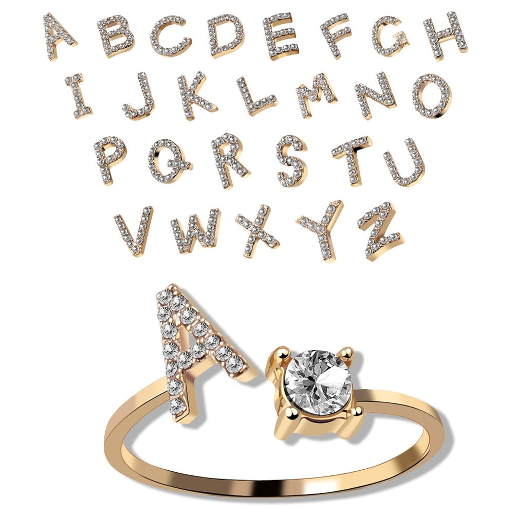 Rhinestones Letter Gold Plated Adjustable Ring