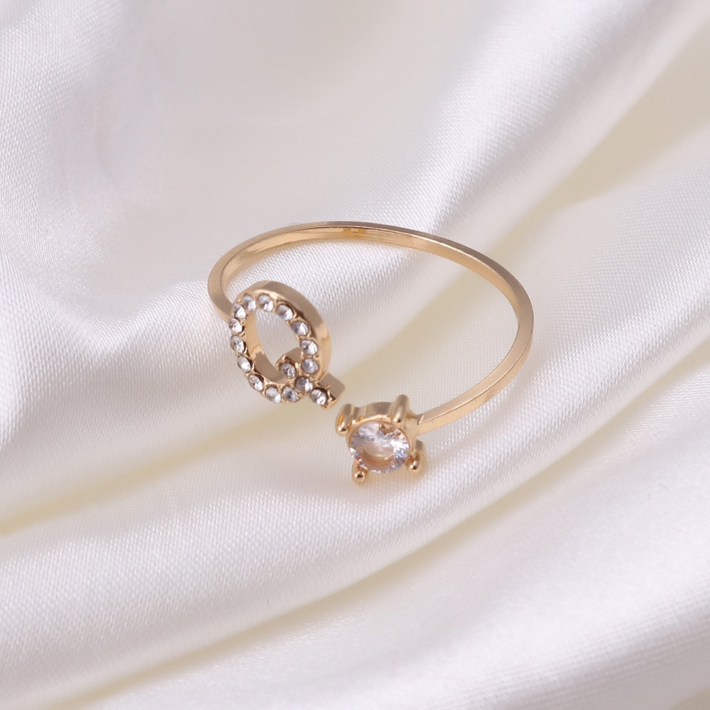 Rhinestones Letter Gold Plated Adjustable Ring