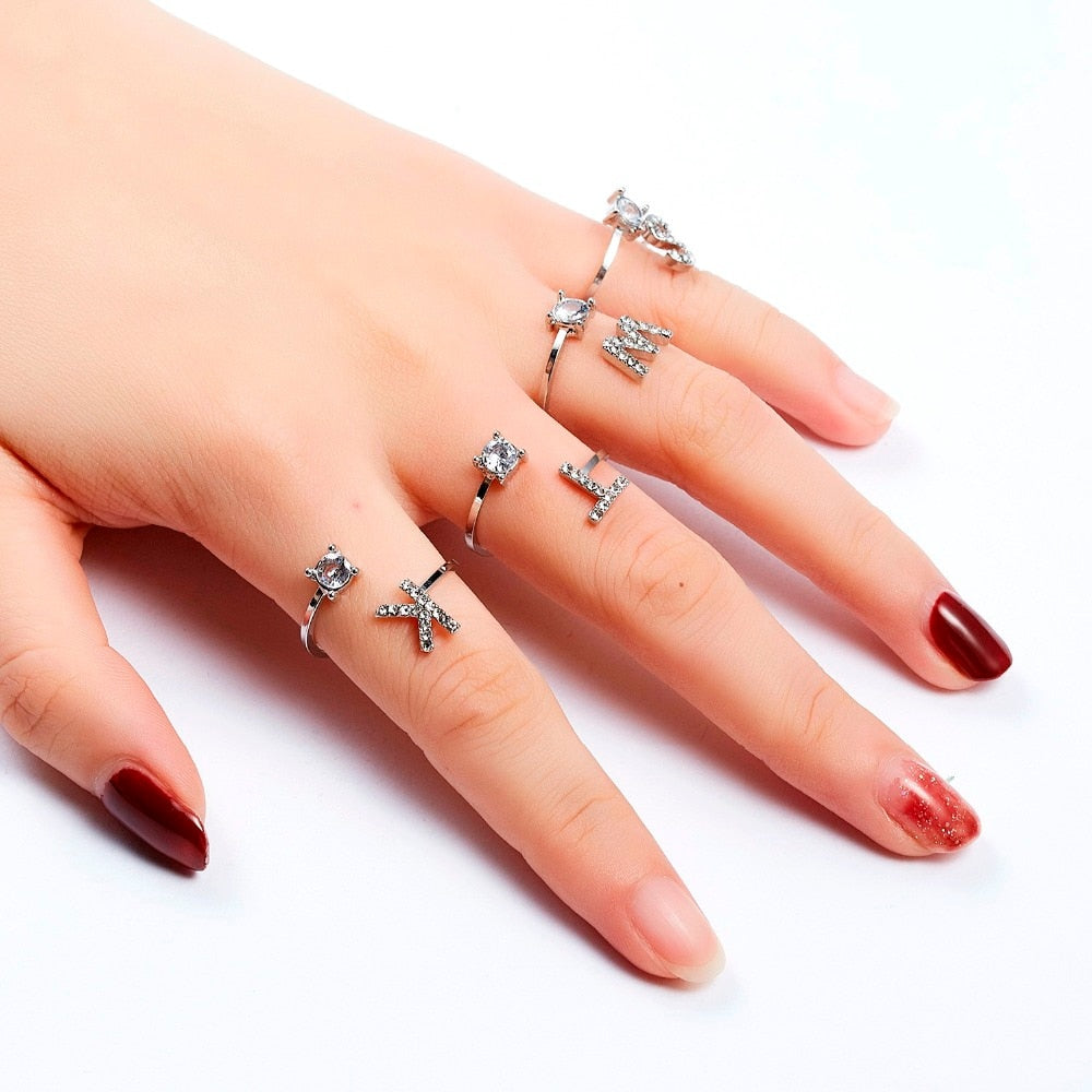 Rhinestones Letter Gold Plated Adjustable Ring