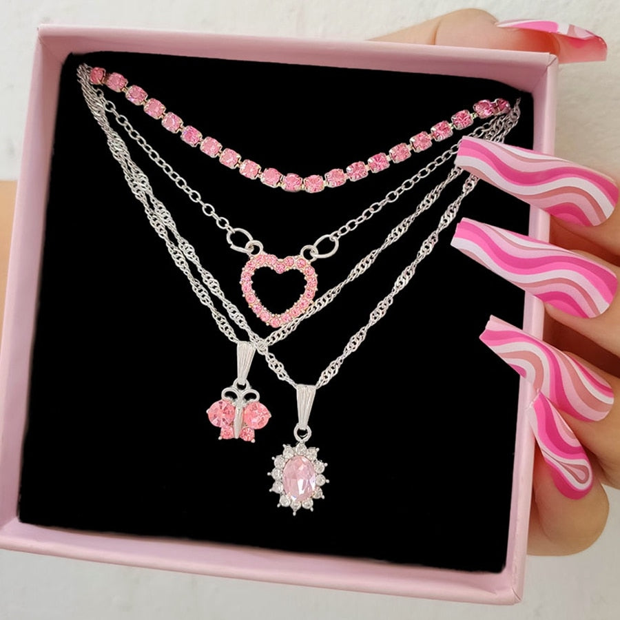 Pink Rhinestone Butterfly Necklace Set