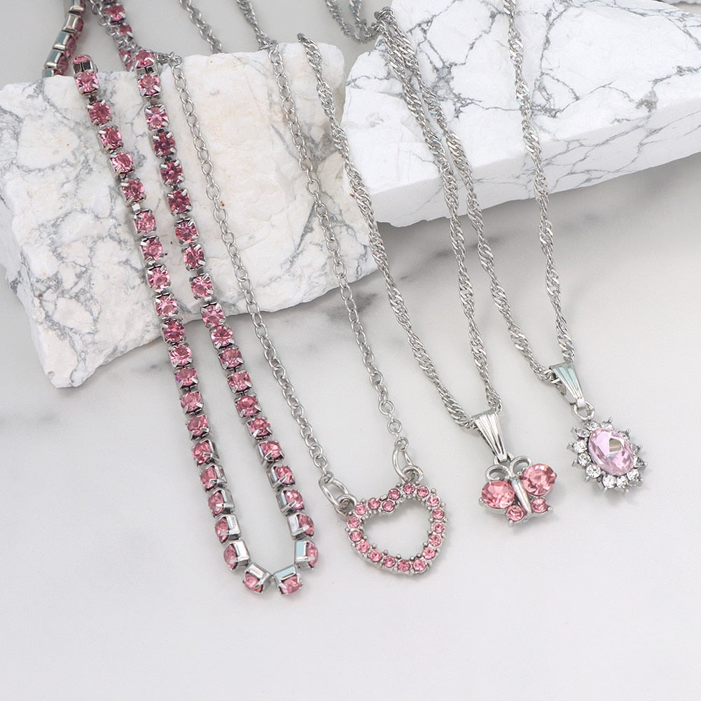 Pink Rhinestone Butterfly Necklace Set