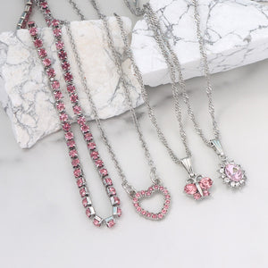 Pink Rhinestone Butterfly Necklace Set