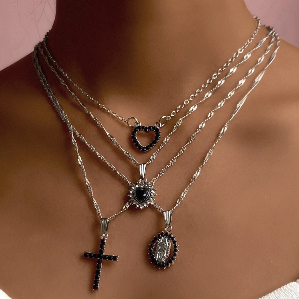 Virgin Mary Black Rhinestone Silver Necklace Set