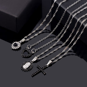 Virgin Mary Black Rhinestone Silver Necklace Set