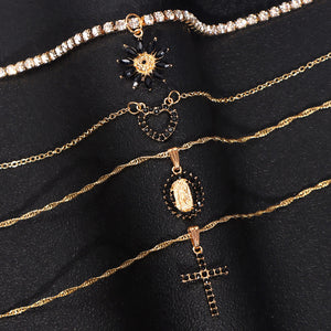 Virgin Mary Black Rhinestone Gold Necklace Set