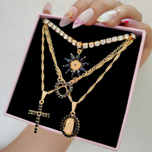 Virgin Mary Black Rhinestone Gold Necklace Set