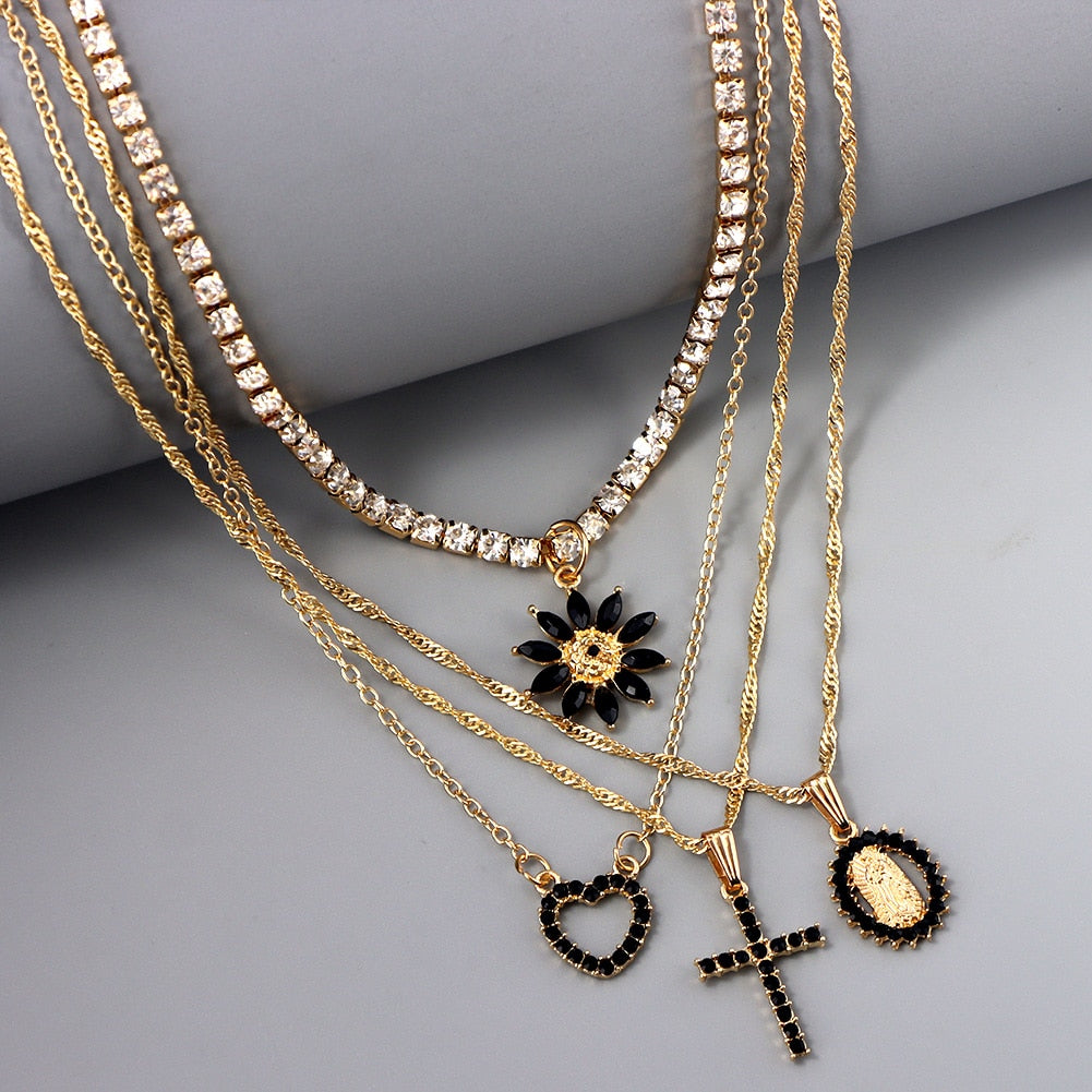 Virgin Mary Black Rhinestone Gold Necklace Set