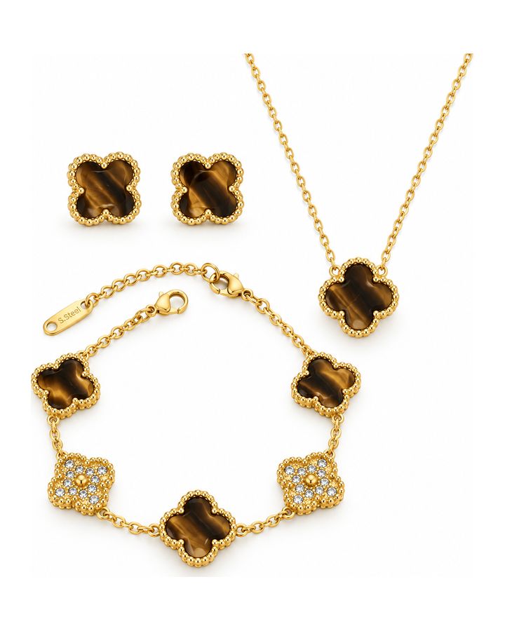 Brown Enamel & Gold Zirconia Clover Stainless Steel Jewelry Set: Necklace, Earrings, Bracelet