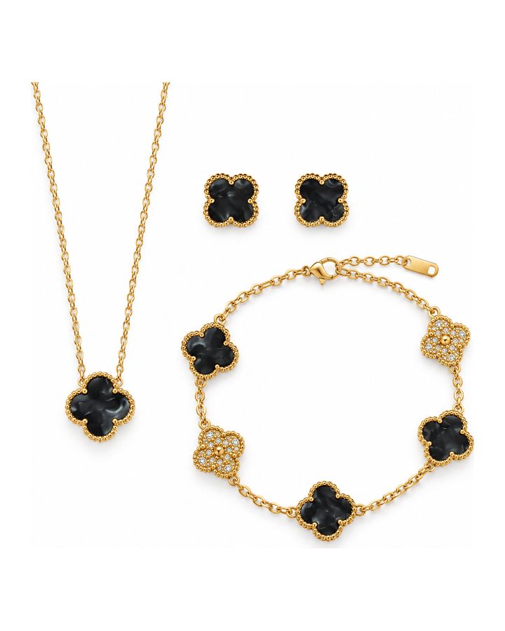 Classic Black and Gold Clover Jewelry Set: 5 Necklace, Earrings, and Bracelet