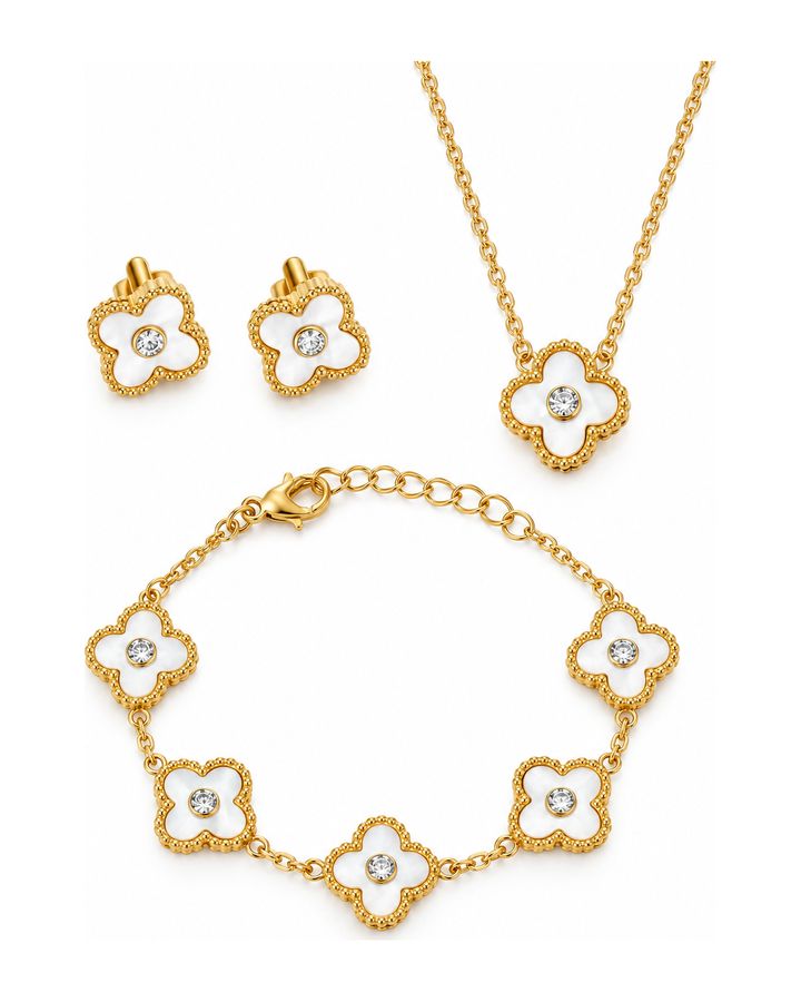 Classic White and Gold Clover Jewelry Set: 5 Necklace, Earrings, and Bracelet